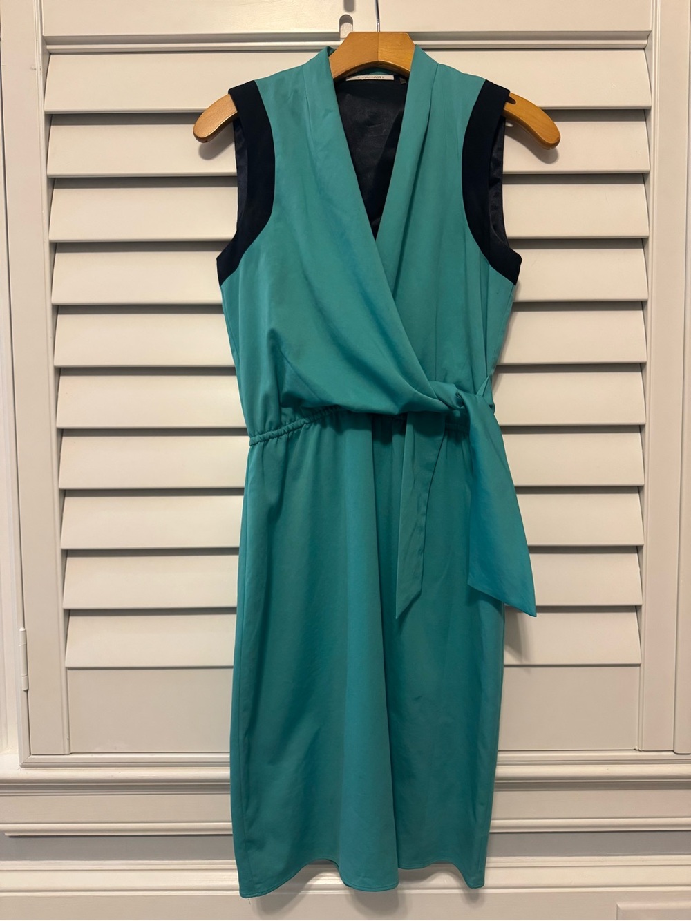 Tahari Teal Wrap Dress with Black Trim